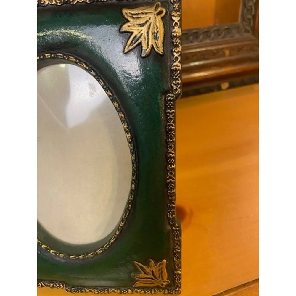Vintage Green and Gold Double Oval Photo Frame Tabletop Easel Back 2 Opening